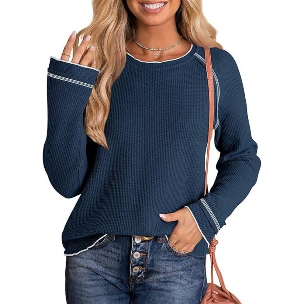 Dokotoo Waffle Knit Top Women Large Navy Blue Raglan Contrast Stitch Long Sleeve